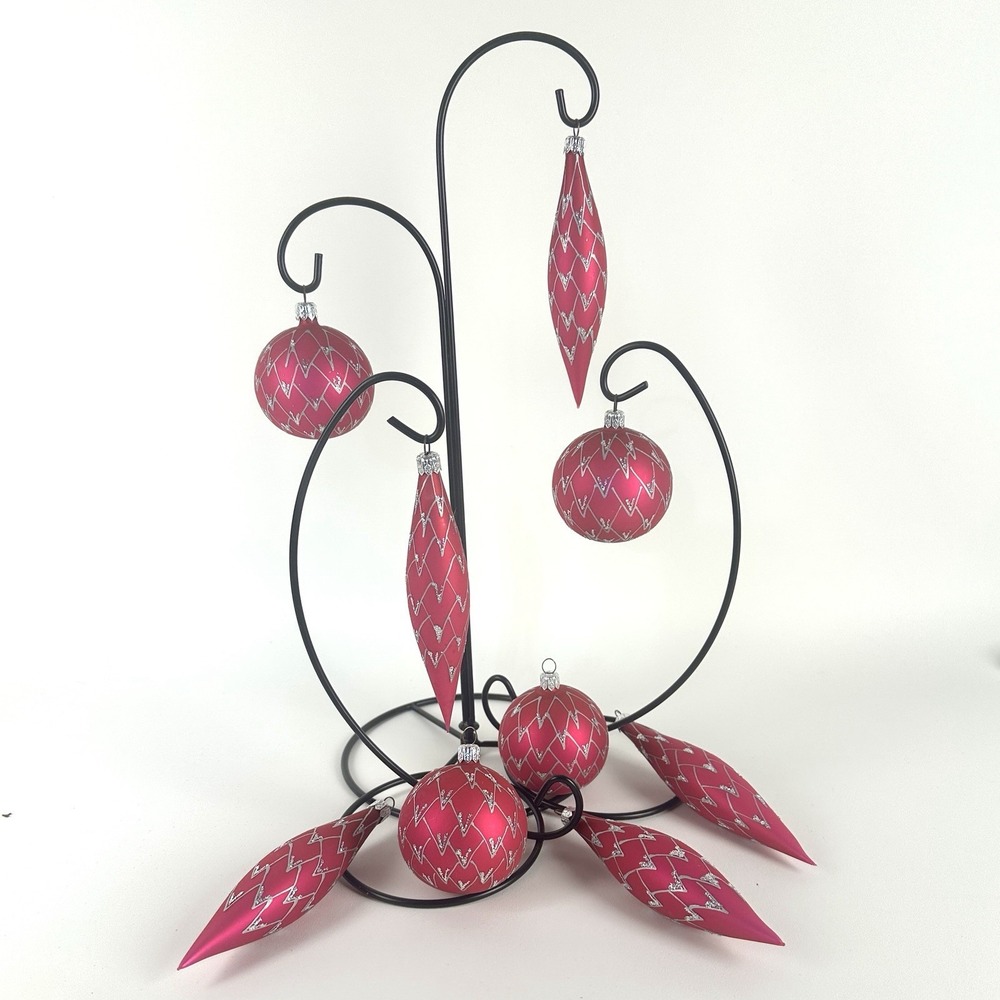 Vintage "Slovakia" Silver Glitter  Pink Glass Ornaments Teardrop Round Set Of 9